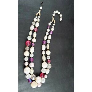 VINTAGE Germany Layered Dual Strand Beaded Pink Purple Crystal White Necklace
